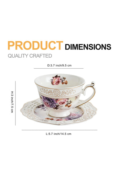 Set 2 cești cafea cu 2 farfurioare rotunde porțelan 200 ml – model floral elegant