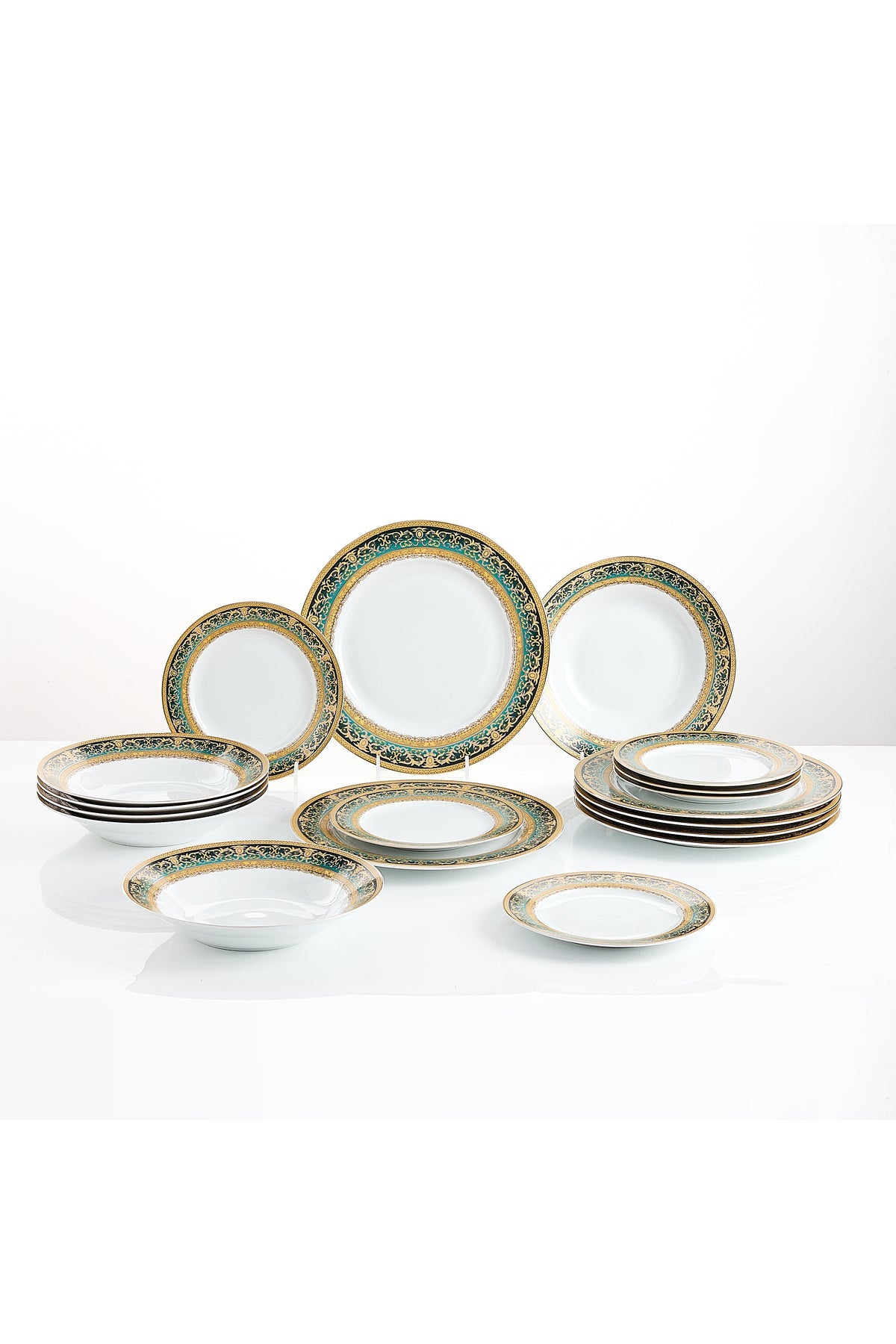 Serviciu de Masă 6 persoane Emerald Royal Gold din Porțelan , 18 Piese, Design Baroc Verde cu Aur