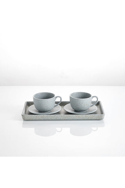 Set Servire Cafea - 2 Cești 190ml, 2 Farfurioare și platou Porțelan - Gri piatra