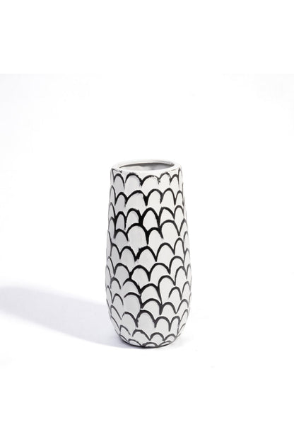 Vază Decorativă Ceramică "Scallop Art", Alb-Negru cu Model Solzi - 23 cm