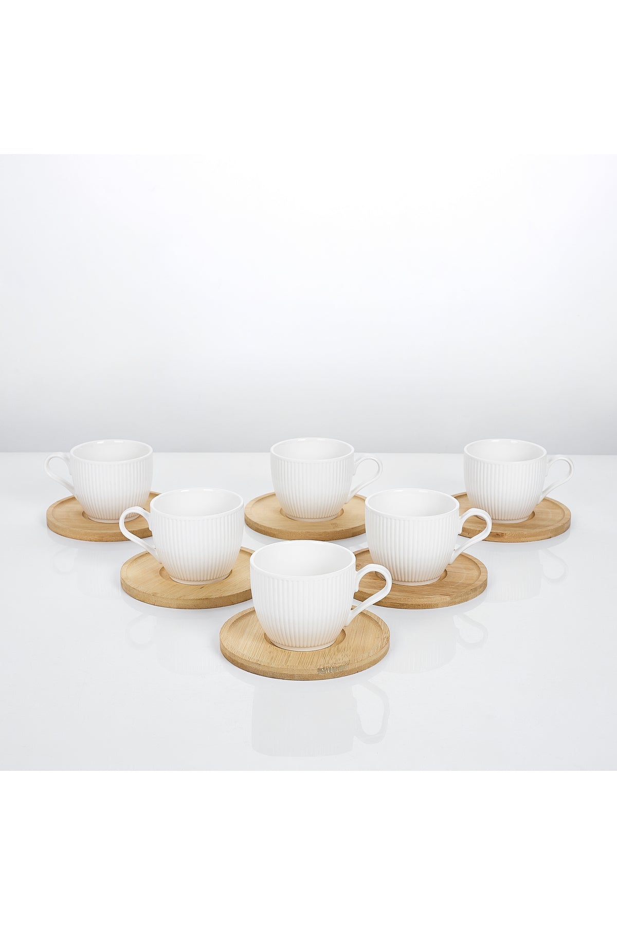 Set 6 cești cafea porțelan Groove cu farfurioare bambus, 200ml, alb