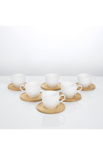 Set 6 cești cafea porțelan Groove cu farfurioare bambus, 200ml, alb