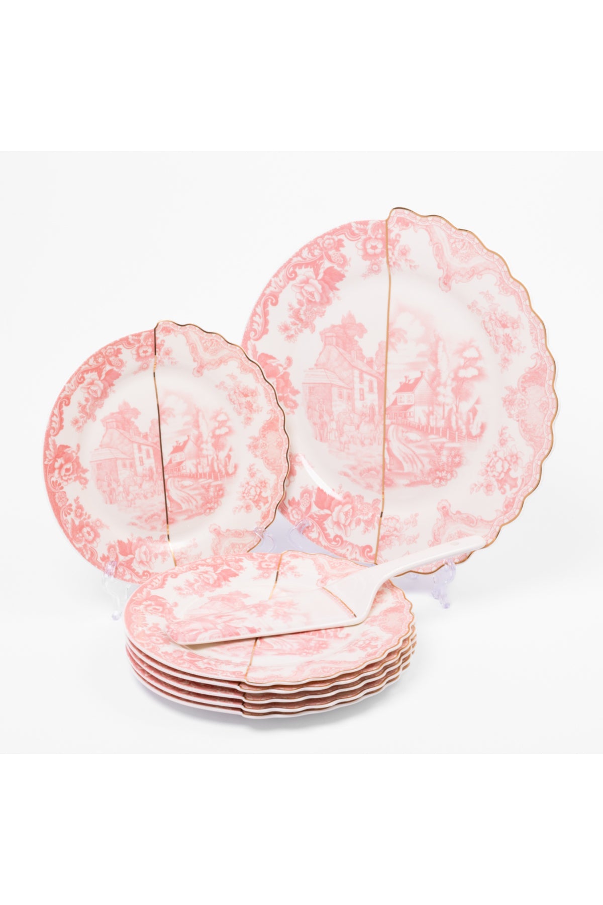 Set tort Toile – 6 farfurii desert și farfurie mare porțelan, design chinoiserie roz
