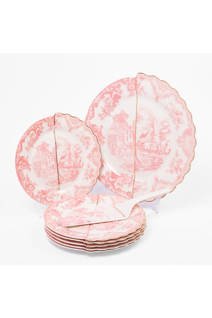 Set tort Toile – 6 farfurii desert și farfurie mare porțelan, design chinoiserie roz