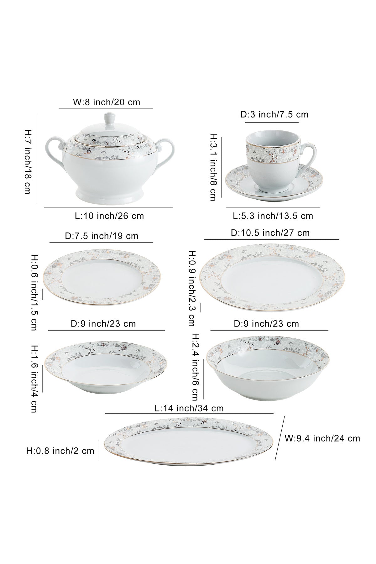 Serviciu de Masă12 Persoane Charcoal Blossom din Porțelan Premium, 64 Piese, Design Floral Dens
