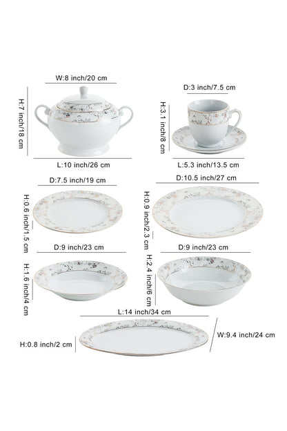 Serviciu de Masă12 Persoane Charcoal Blossom din Porțelan Premium, 64 Piese, Design Floral Dens