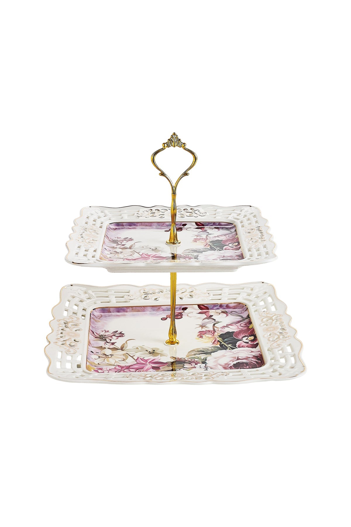 Platou etajat 2 niveluri porțelan, model floral vintage, tijă metalică aurie