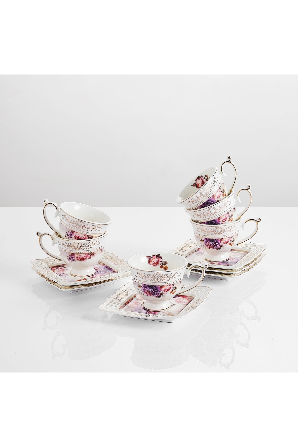 Set 6 cești espresso cu 6 farfurioare porțelan 90 ml – cești cafea model floral elegant
