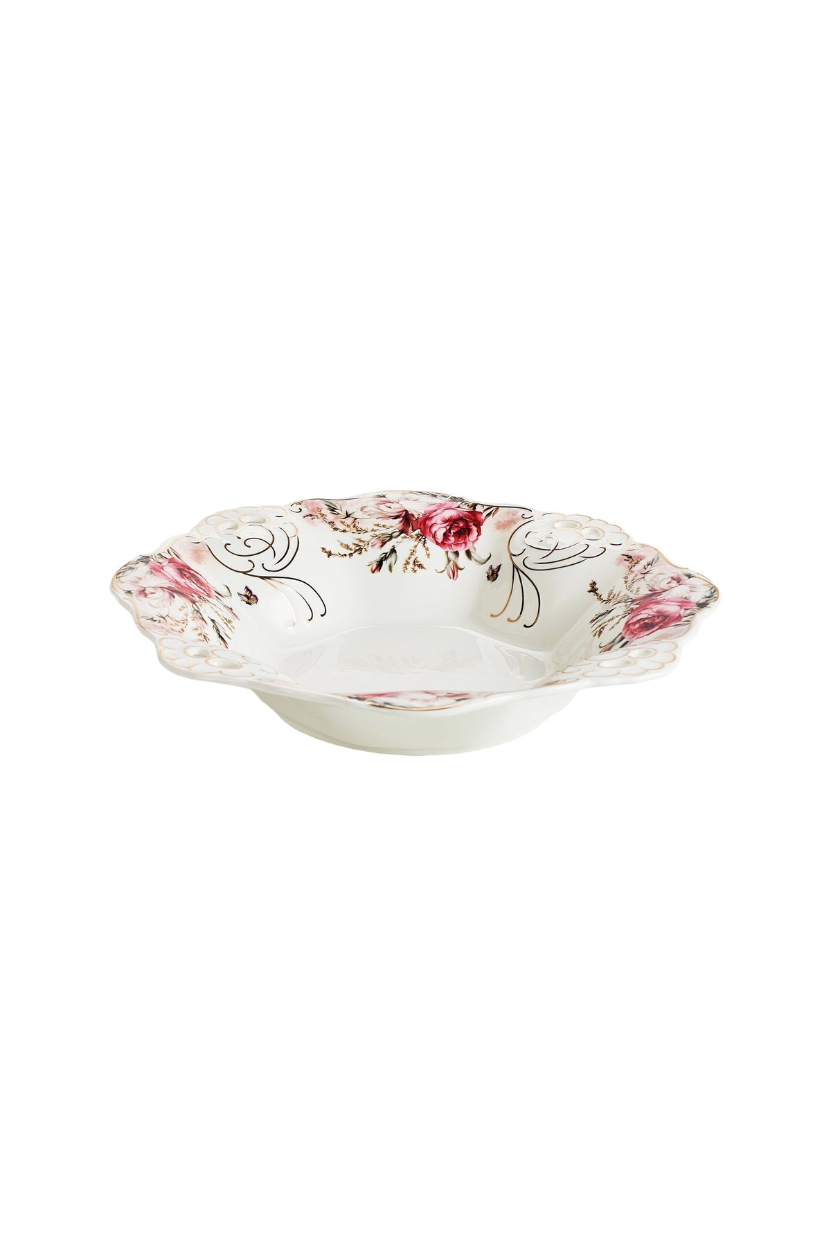 Bol fructieră porțelan model floral vintage, margini dantelate, diametru 33 cm
