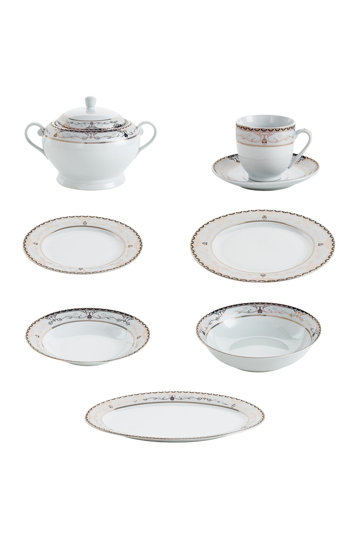 Serviciu de Masă 12 Persoane Onyx Royal Gold din Porțelan , 64 Piese, Design Baroc Negru cu Aur