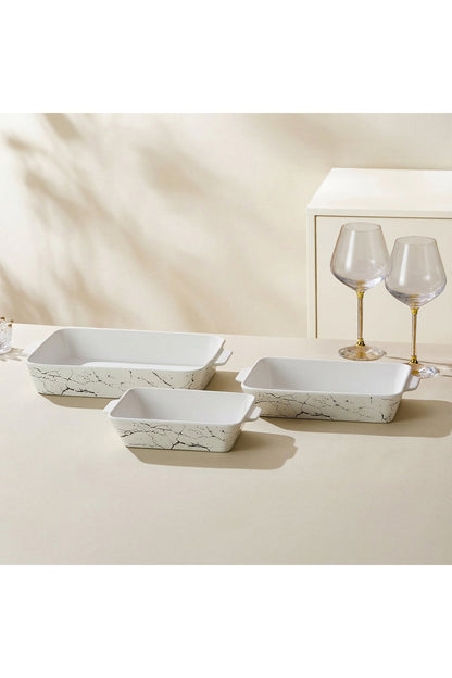 Set 3 Tăvi de cuptor Dreptunghiulare din Porțelan - alb marmorat