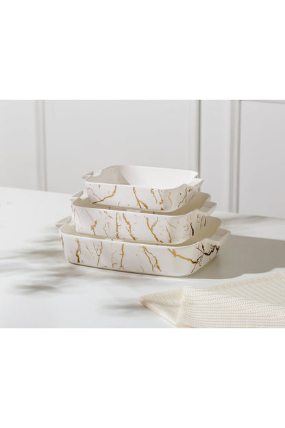 Set 3 tăvi cuptor Marble – porțelan alb cu model marmură aurie, rezistente la cuptor