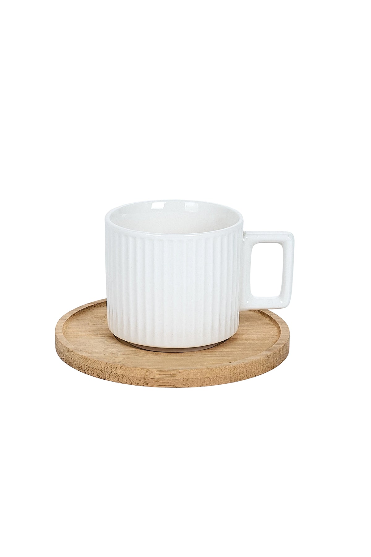 Set 6 cești espresso porțelan Block cu farfurioare bambus, 90ml, alb