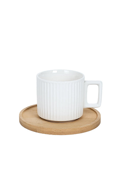 Set 6 cești espresso porțelan Block cu farfurioare bambus, 90ml, alb