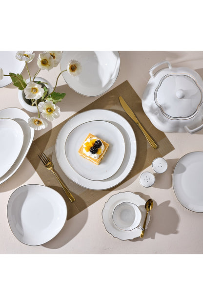 Set masă 45 piese porțelan Muzi, alb cu bordură aurie, design organic, 12 persoane