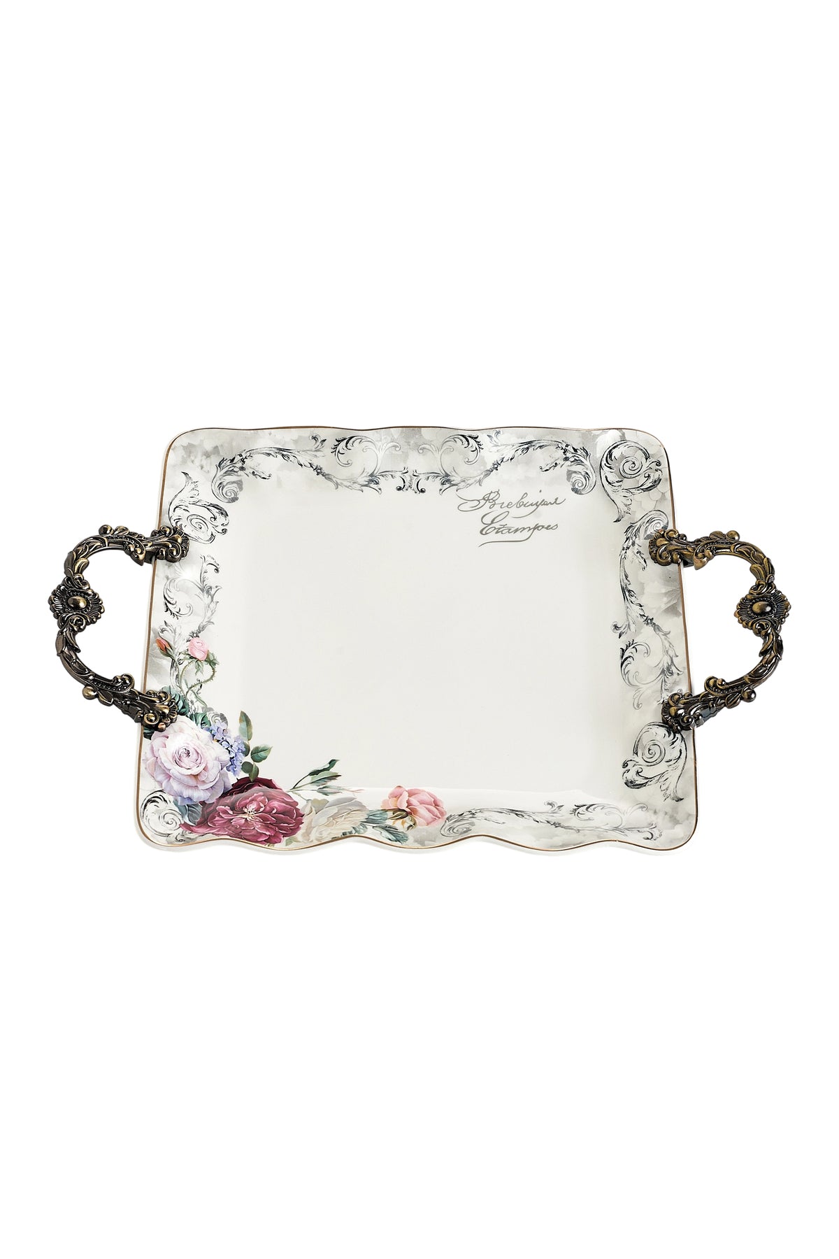 Tavă servire porțelan model floral vintage, mânere metalice bronz, 34.5 cm