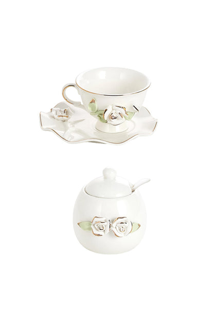 Set 6 cești de cafea din porțelan cu farfurioare și zaharniță,180 ml - decor floral în relief
