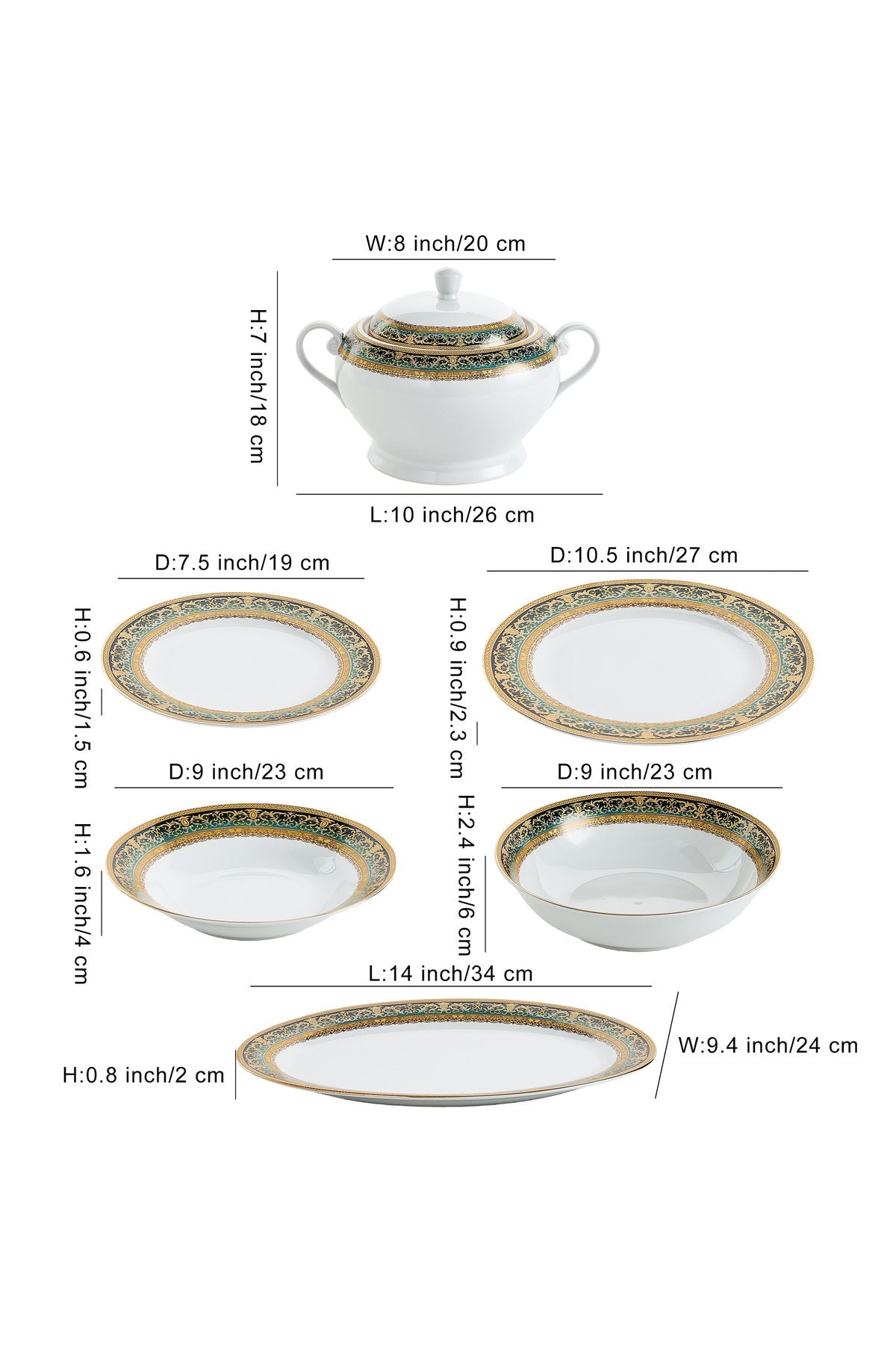 Serviciu de Masă 12 Persoane Emerald Royal Gold din Porțelan 40 piese, Design Baroc Verde cu Aur
