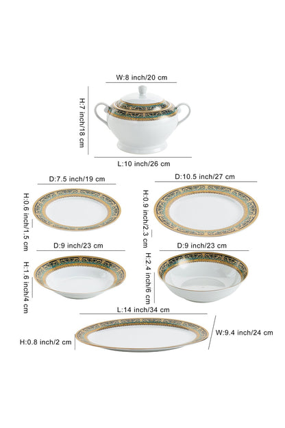 Serviciu de Masă 12 Persoane Emerald Royal Gold din Porțelan 40 piese, Design Baroc Verde cu Aur