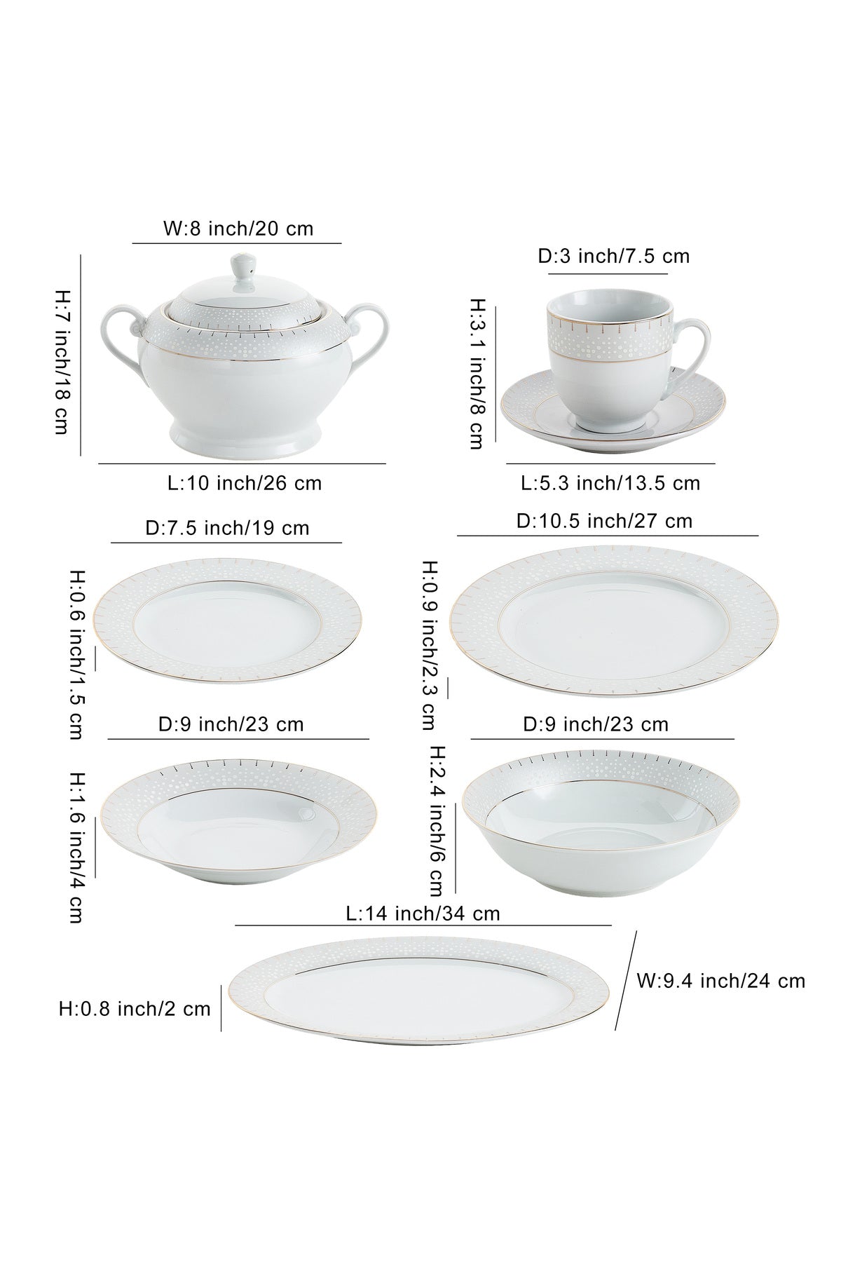 Serviciu de Masă 12 Persoane Golden Aurora din Porțelan 64 Piese, Design Geometric și Bordură Aurie