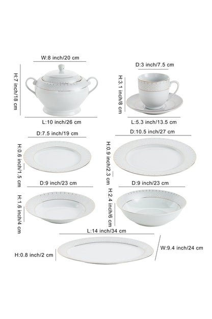 Serviciu de Masă 12 Persoane Golden Aurora din Porțelan 64 Piese, Design Geometric și Bordură Aurie