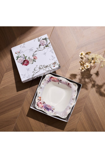 Bol porțelan model floral vintage, margini ondulate, 26.5 cm