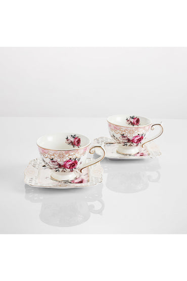 Set 2 cești cafea cu 2 farfurioare porțelan 200 ml – model floral elegant