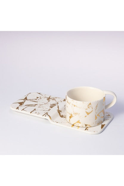 Set 6 căni de cafea, porțelan, 90 ml, cu farfurioare, Malooki, alb/auriu