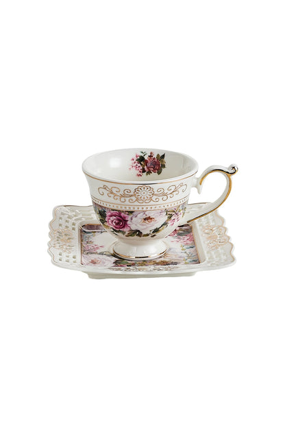 Set 6 cești espresso cu 6 farfurioare porțelan 90 ml – cești cafea model floral elegant
