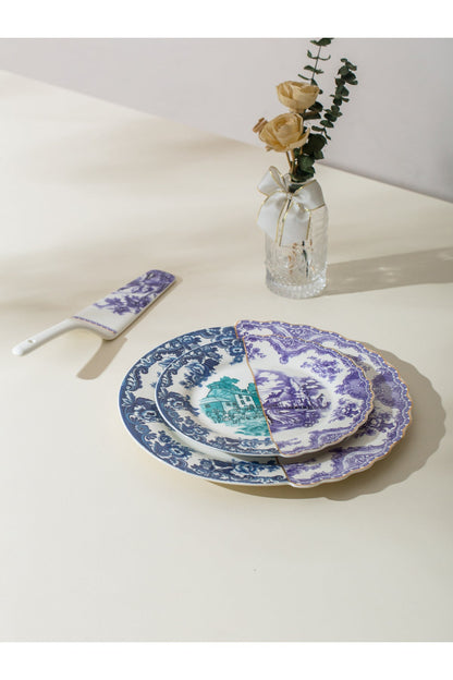 Set tort Willow – 6 farfurii desert și farfurie mare porțelan, design clasic albastru și mov