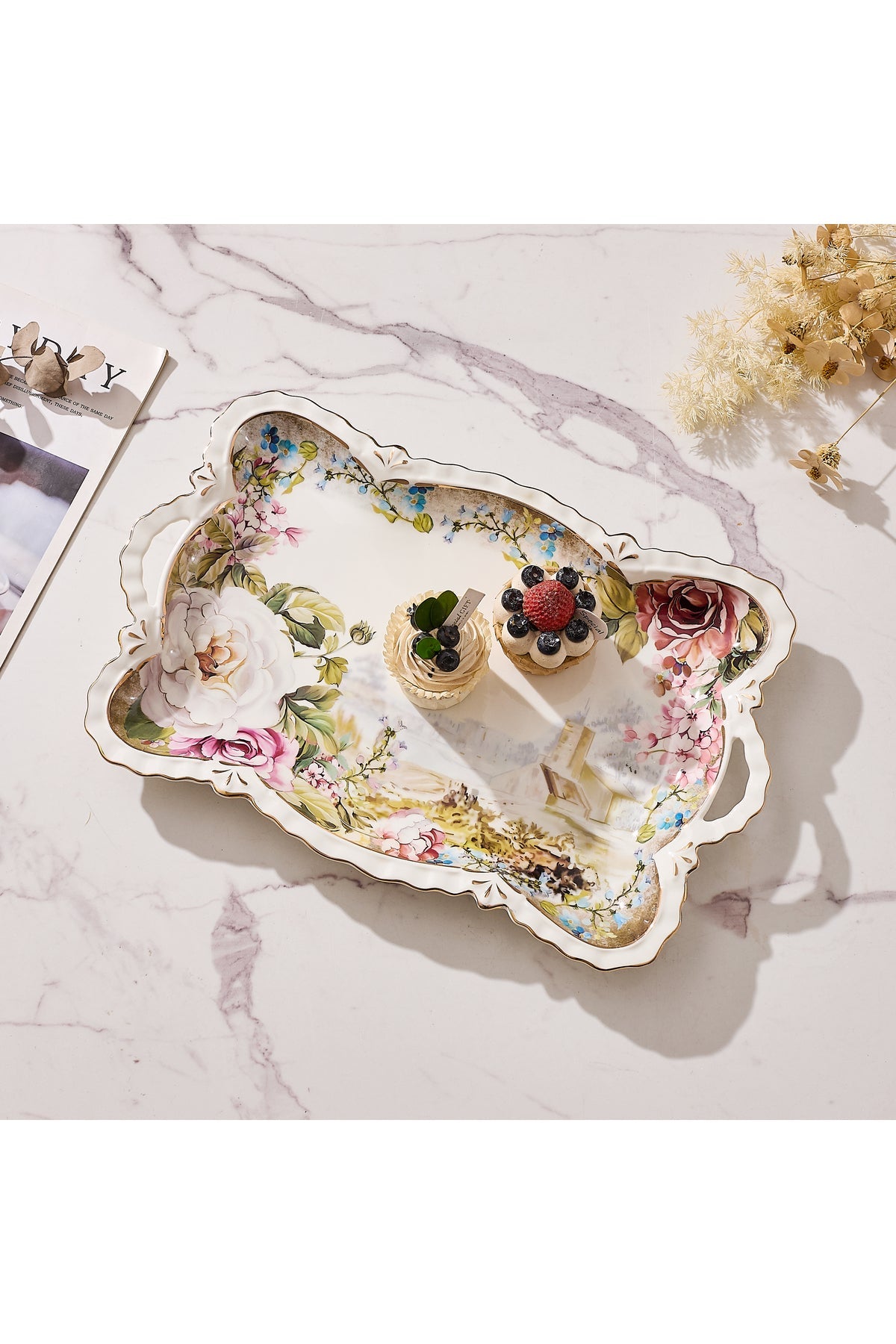 Tavă servire porțelan model floral vintage, mânere integrate, 42 x 27 cm