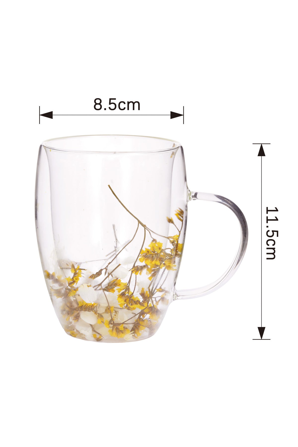 Cană din Sticlă cu Pereți Dubli "Anna" cu Flori Uscate Galbene Naturale - 350 ml