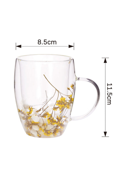 Cană din Sticlă cu Pereți Dubli "Anna" cu Flori Uscate Galbene Naturale - 350 ml