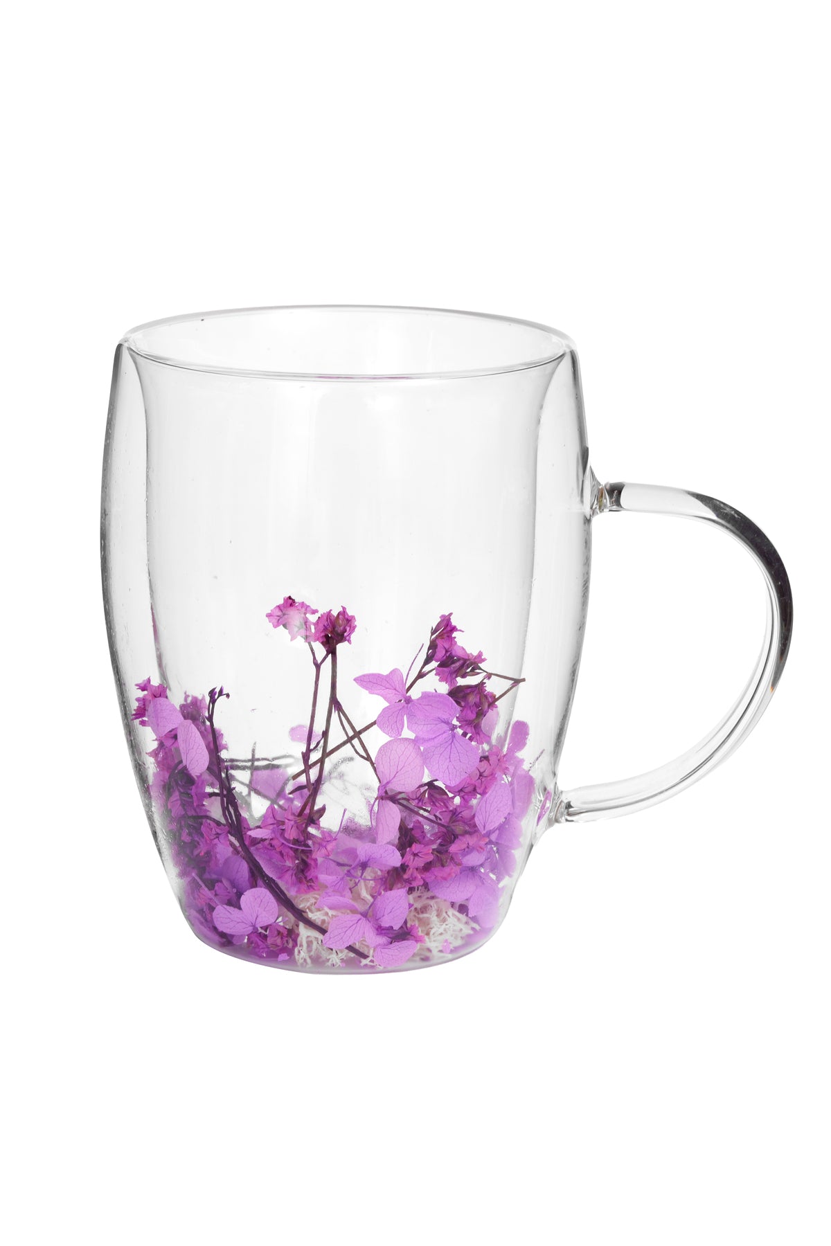Cană din Sticlă cu Pereți Dubli "Purple" cu Flori Uscate Mov Naturale – 350 ml