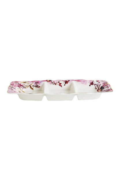 Platou compartimentat 3 secțiuni porțelan model floral vintage, 27 x 14.5 cm