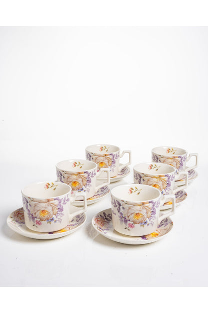Set 6 cești cafea Provence – porțelan floral cu trandafiri și lavandă, 12 piese cu farfurioare