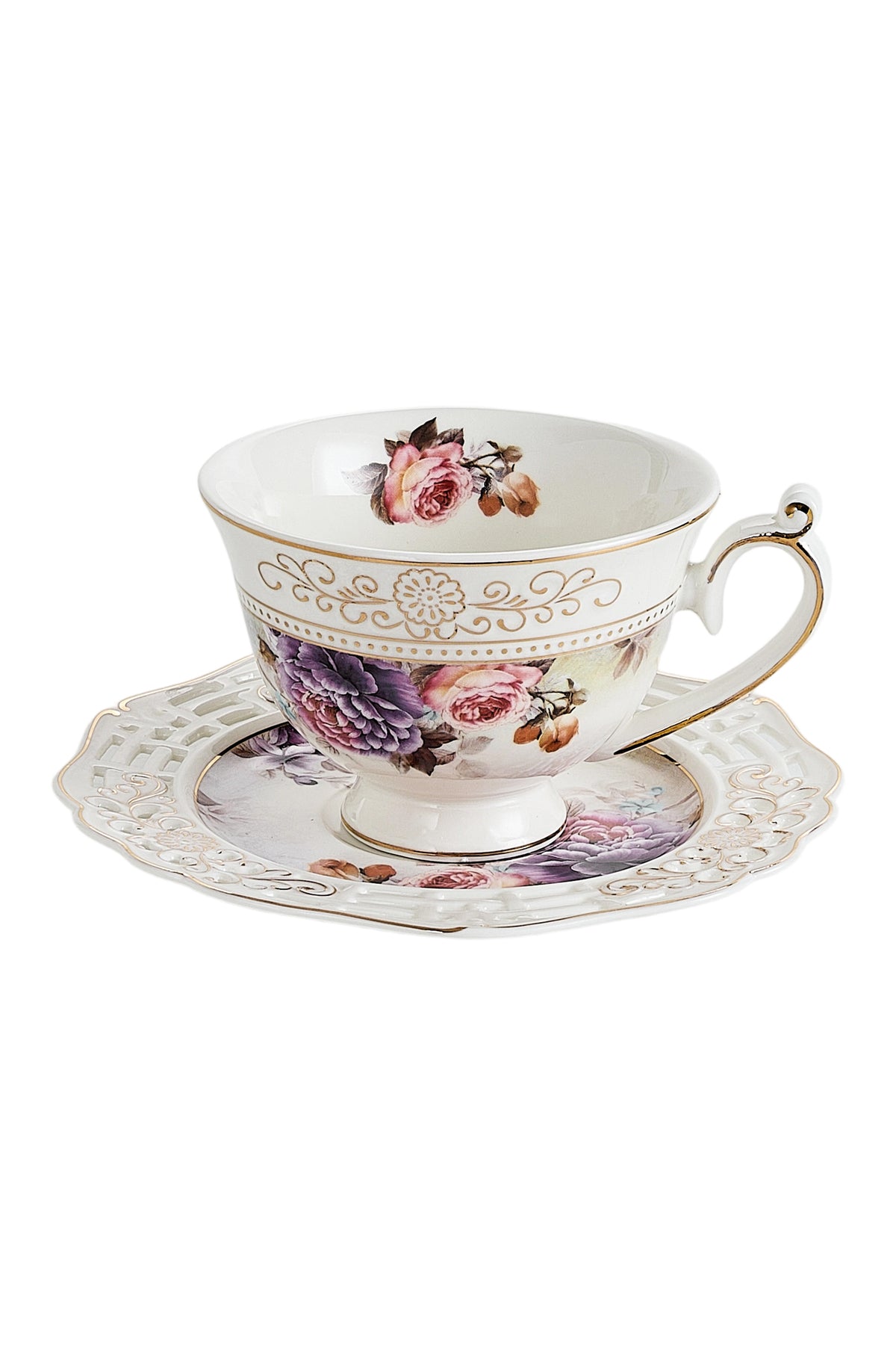 Set 2 cești cafea cu 2 farfurioare rotunde porțelan 200 ml – model floral elegant
