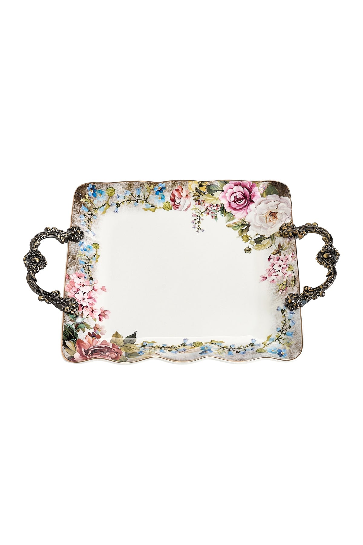Tavă servire porțelan model floral vintage, mânere metalice bronz, 34.5 cm