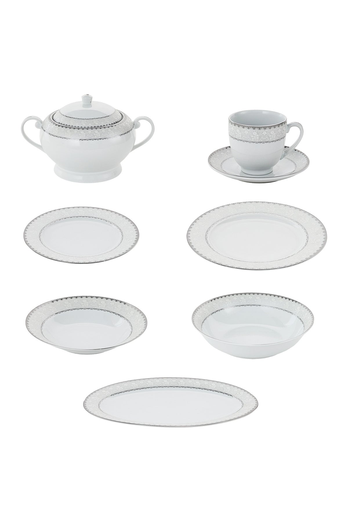 Serviciu de Masă 12 Persoane Silver Lace Heritage din Porțelan, 64 Piese, Design Broderie Clasică