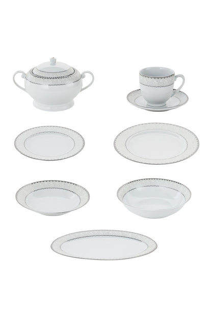 Serviciu de Masă 12 Persoane Silver Lace Heritage din Porțelan, 64 Piese, Design Broderie Clasică