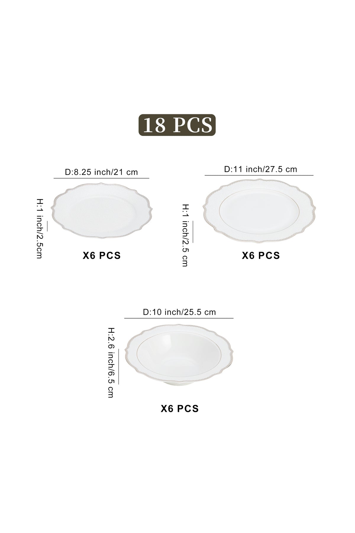 Set masă 18 piese porțelan Arabesque, alb cu bordură argintie, 6 persoane