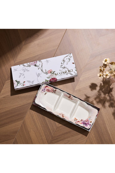 Platou compartimentat 3 secțiuni porțelan model floral vintage, 27 x 14.5 cm