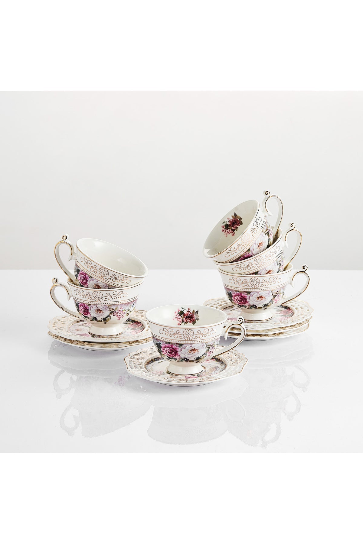 Set 6 cești espresso cu 6 farfurioare rotunde porțelan 90 ml – model floral elegant