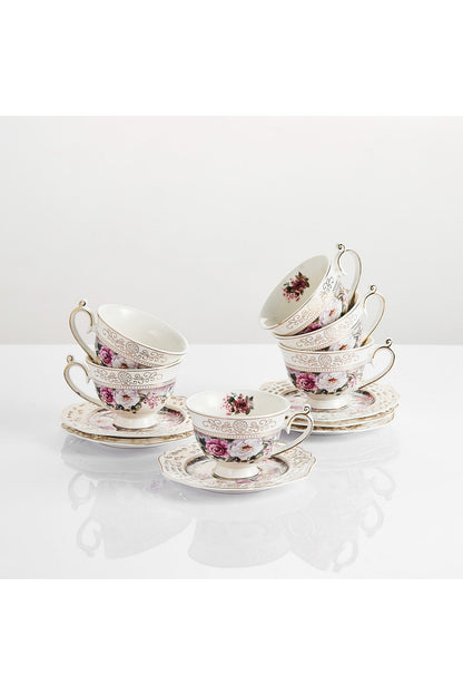 Set 6 cești espresso cu 6 farfurioare rotunde porțelan 90 ml – model floral elegant