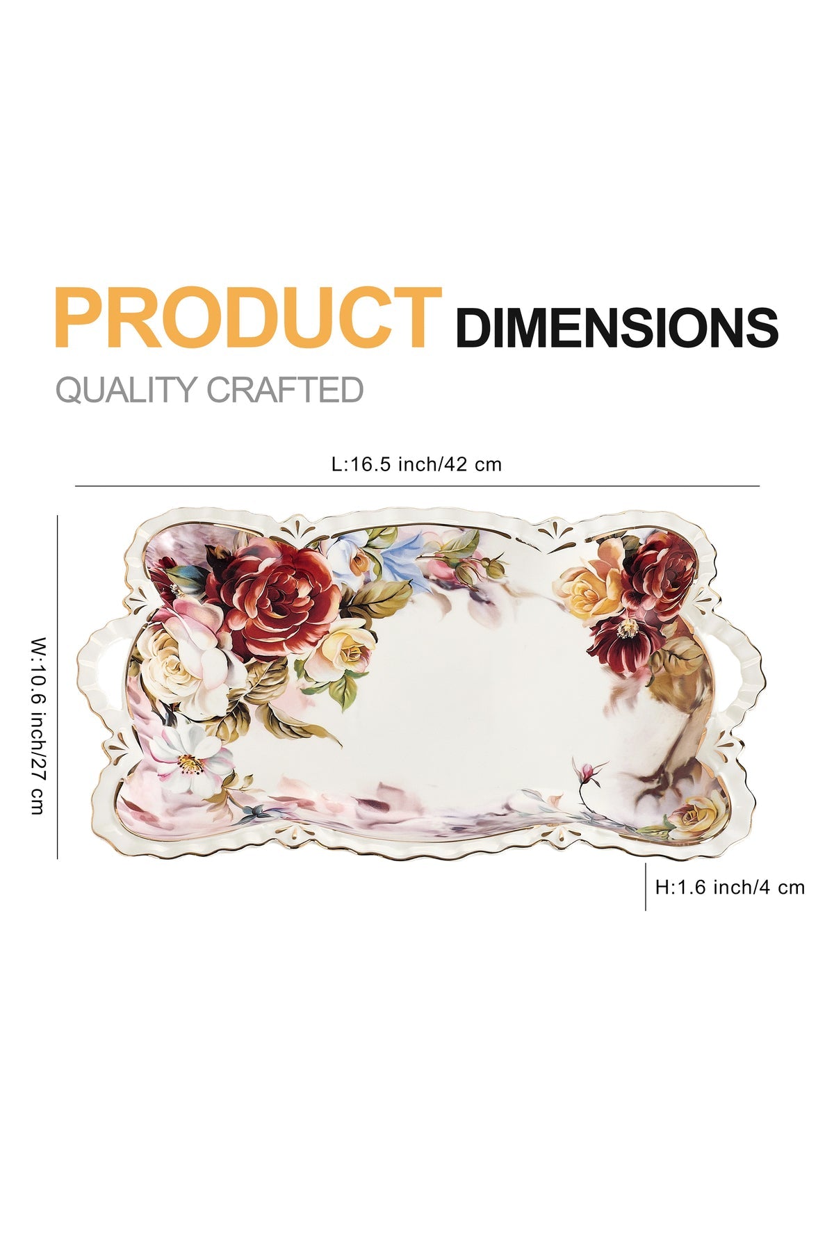 Tavă servire porțelan model floral vintage, mânere integrate, 42 x 27 cm