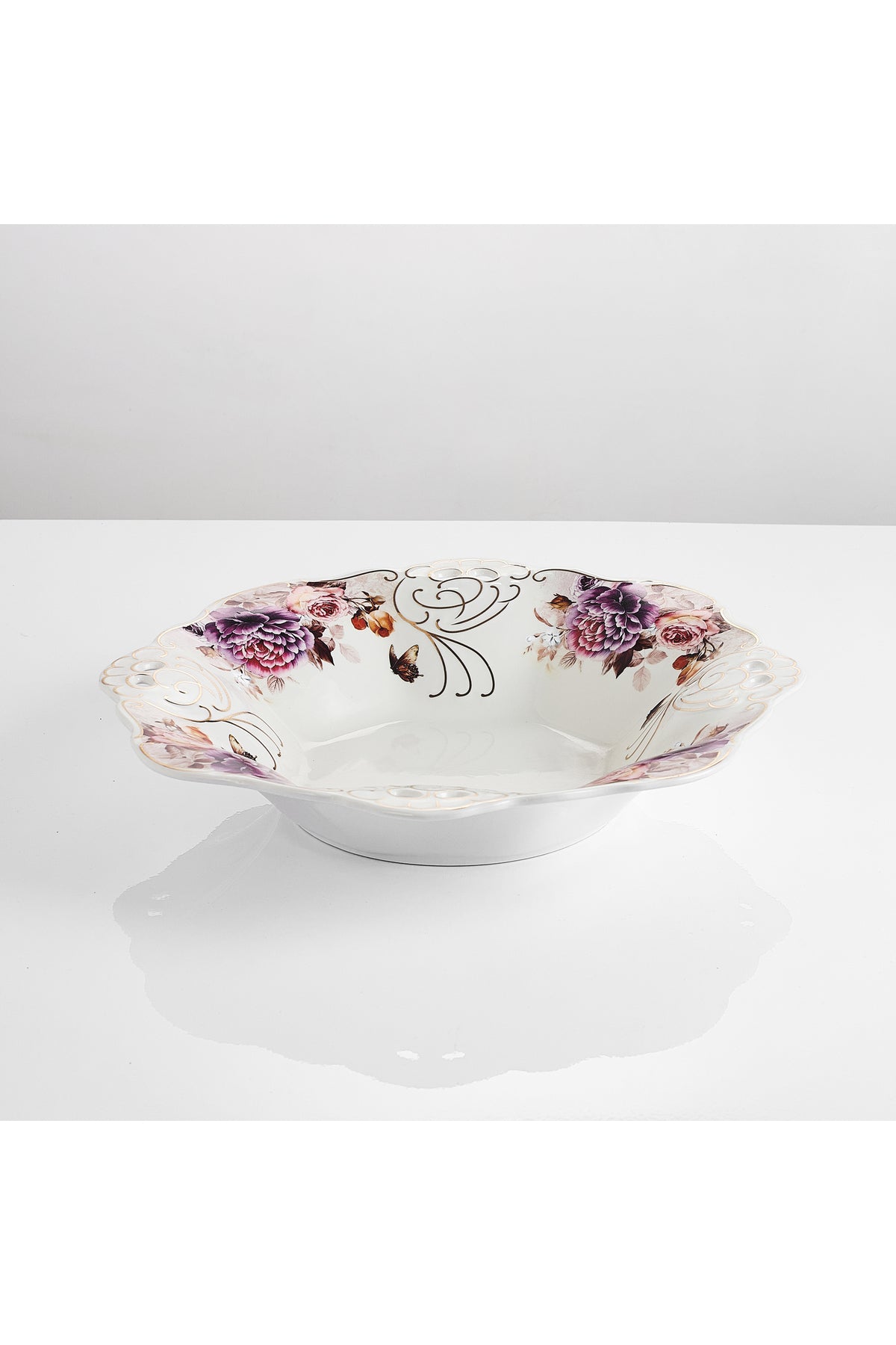 Bol fructieră porțelan model floral vintage, margini dantelate, diametru 33 cm
