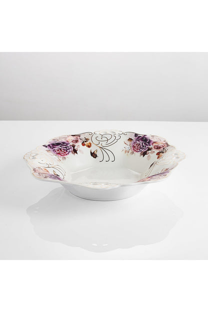 Bol fructieră porțelan model floral vintage, margini dantelate, diametru 33 cm
