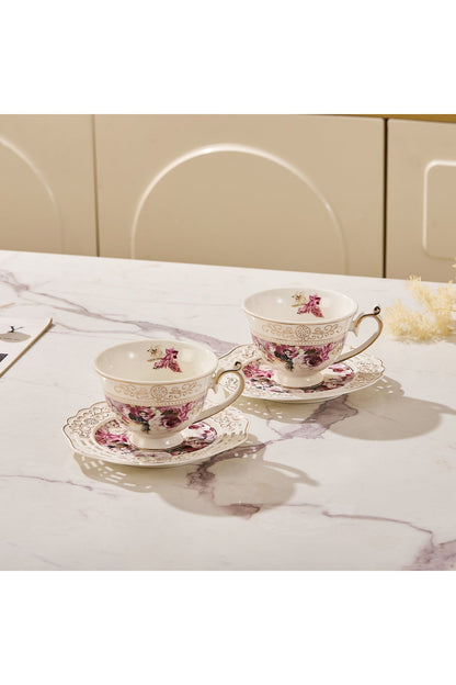 Set 2 cești cafea cu 2 farfurioare rotunde porțelan 200 ml – model floral elegant