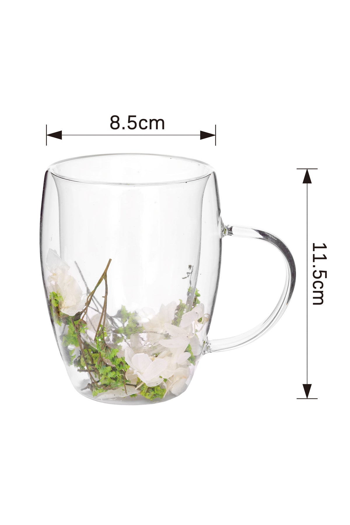 Cană din Sticlă cu Pereți Dubli "Mariah" cu Flori Uscate Albe și Accente Verzi Naturale - 350 ml