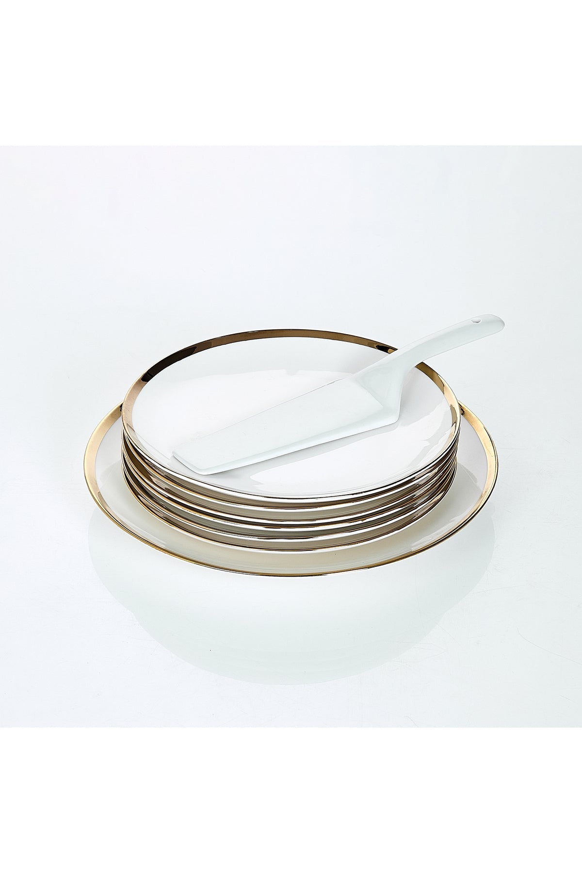 Set 6 persoane farfurii desert porțelan Aurel, bordură aurie lată, cu spatulă tort